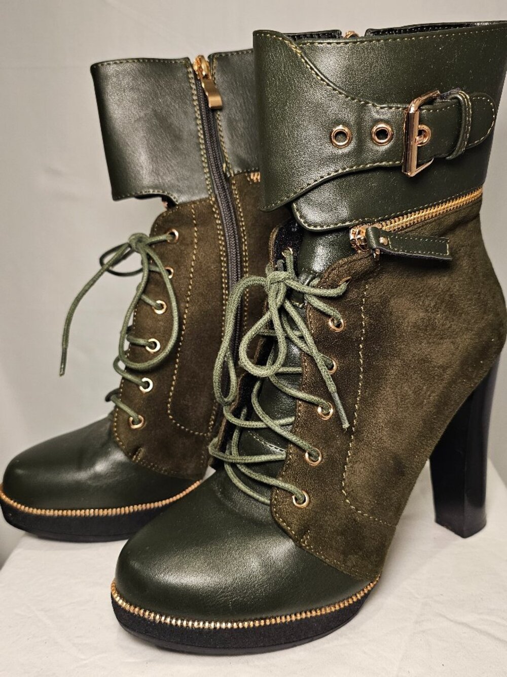 Italina Women's Green Renaissance Fair Boots Steampunk Buckle Lace Up 8.5